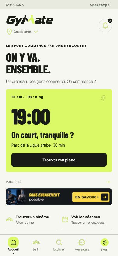 Capture de l’accueil Gymate avec une proposition de séance running